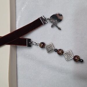 Handmade Dark Brown Velvet Ribbon Silver Beaded Bookmark Cross Charm Book Mark